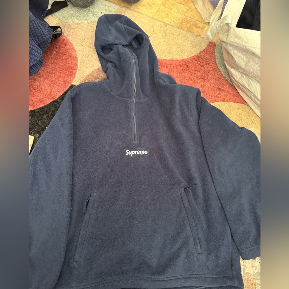 supreme polartec dark blue quarter zip up fuzzy jacket